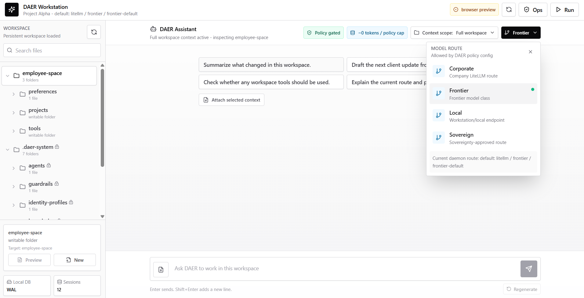 DAER Workstation interface showing the AI assistant with policy controls